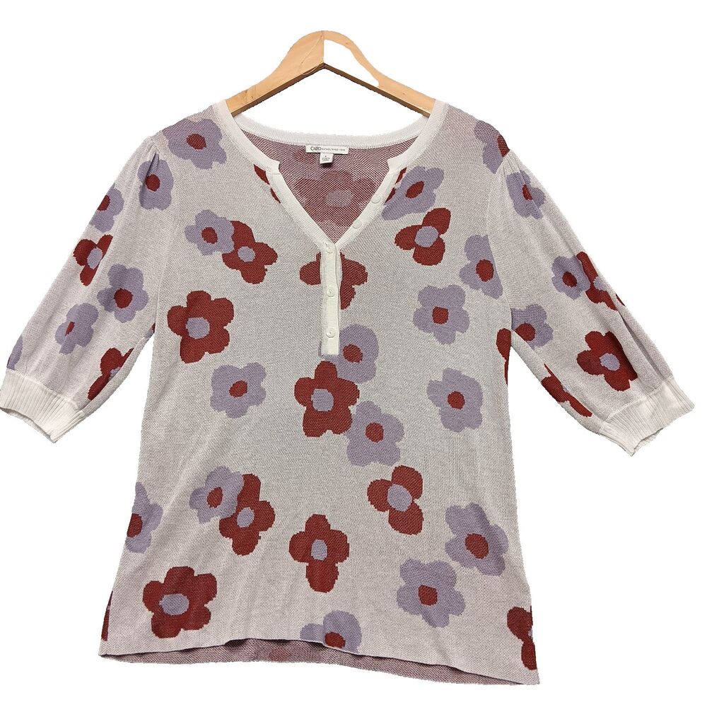 Cato Sweater Womens Sz L White Purple Plum Floral Knit Popover V-Neck Y2K